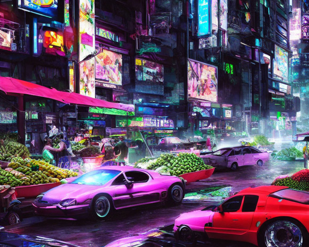 Futuristic cyberpunk cityscape with neon signs and market stalls at night