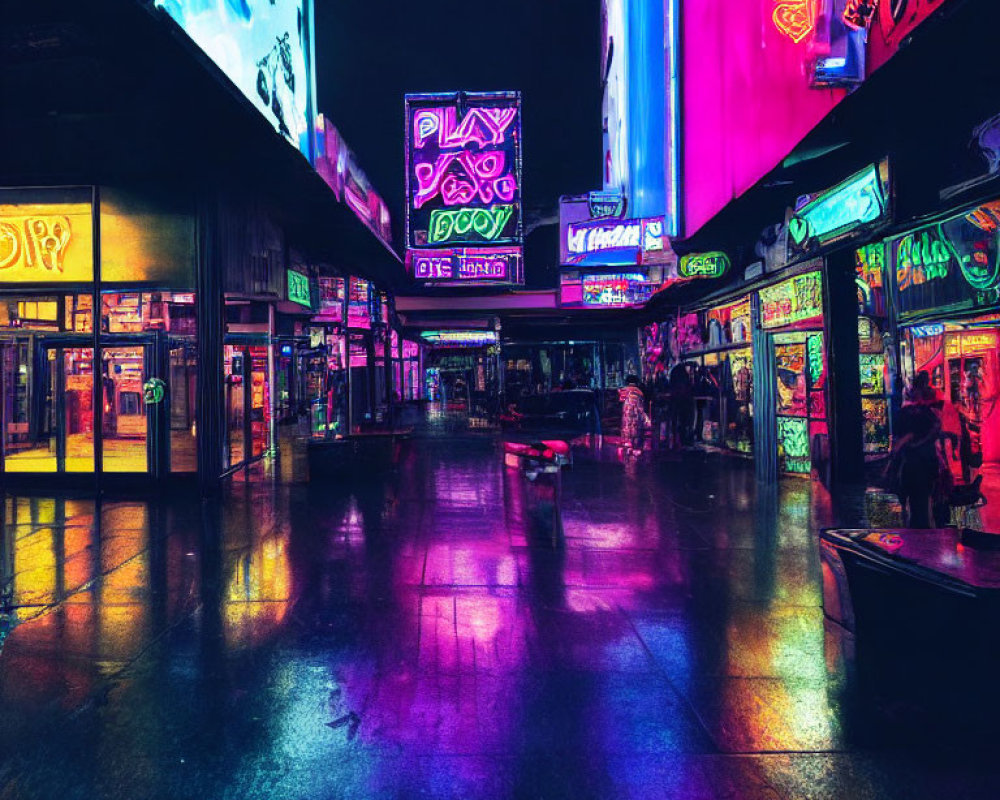 Colorful Neon Signs Reflecting on Wet Nightlife Street