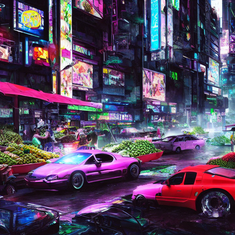 Futuristic cyberpunk cityscape with neon signs and market stalls at night