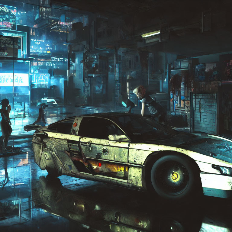 Futuristic cityscape at night with neon signs, armed person near damaged car, and distant sil