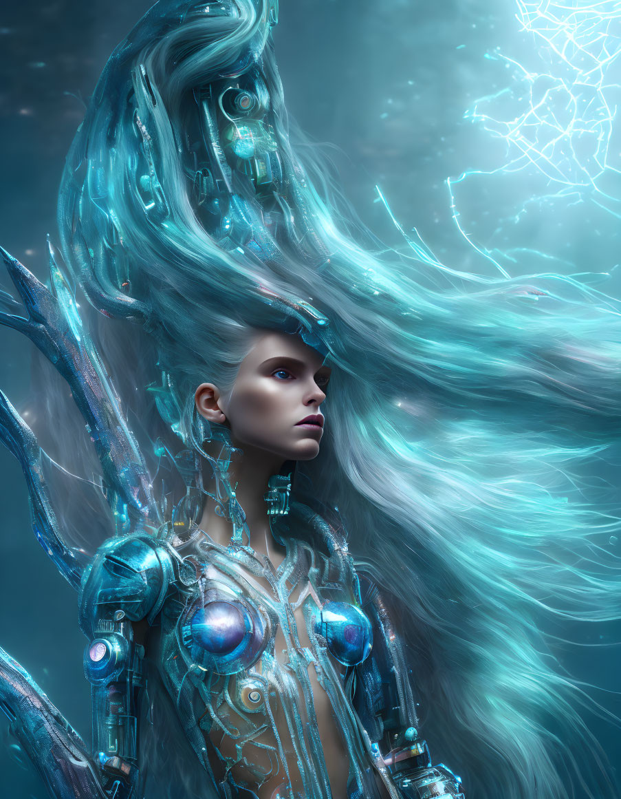 Female cyborg digital artwork: blue hair, intricate armor, glowing circuits, blue background