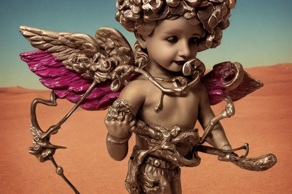 Cherub Digital Artwork: Pink Wings, Golden Attire, Bow & Arrow