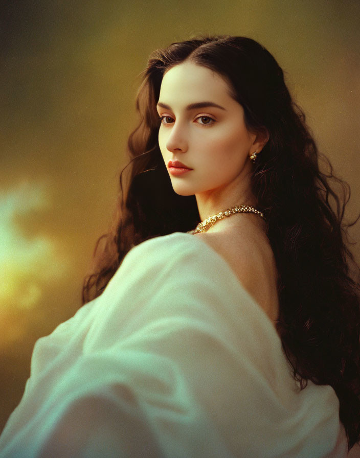 Dark-haired woman in white drape with golden necklace gazes back.