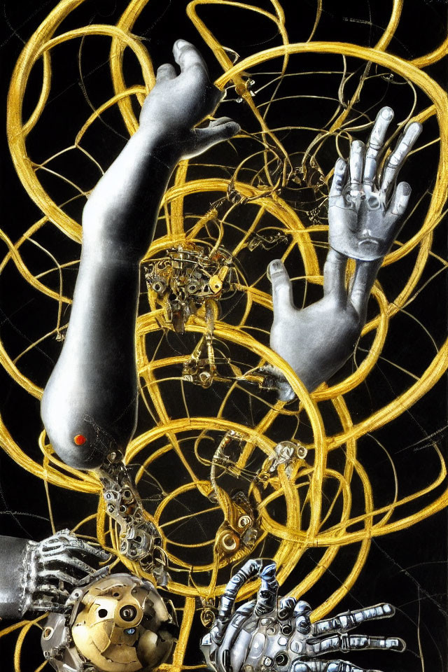 Robotic Hands and Feet with Golden Gears on Black Background