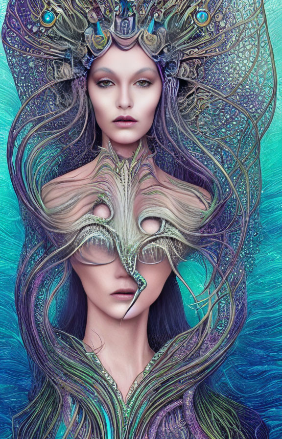 Fantasy-themed digital artwork featuring two women in peacock-inspired attire