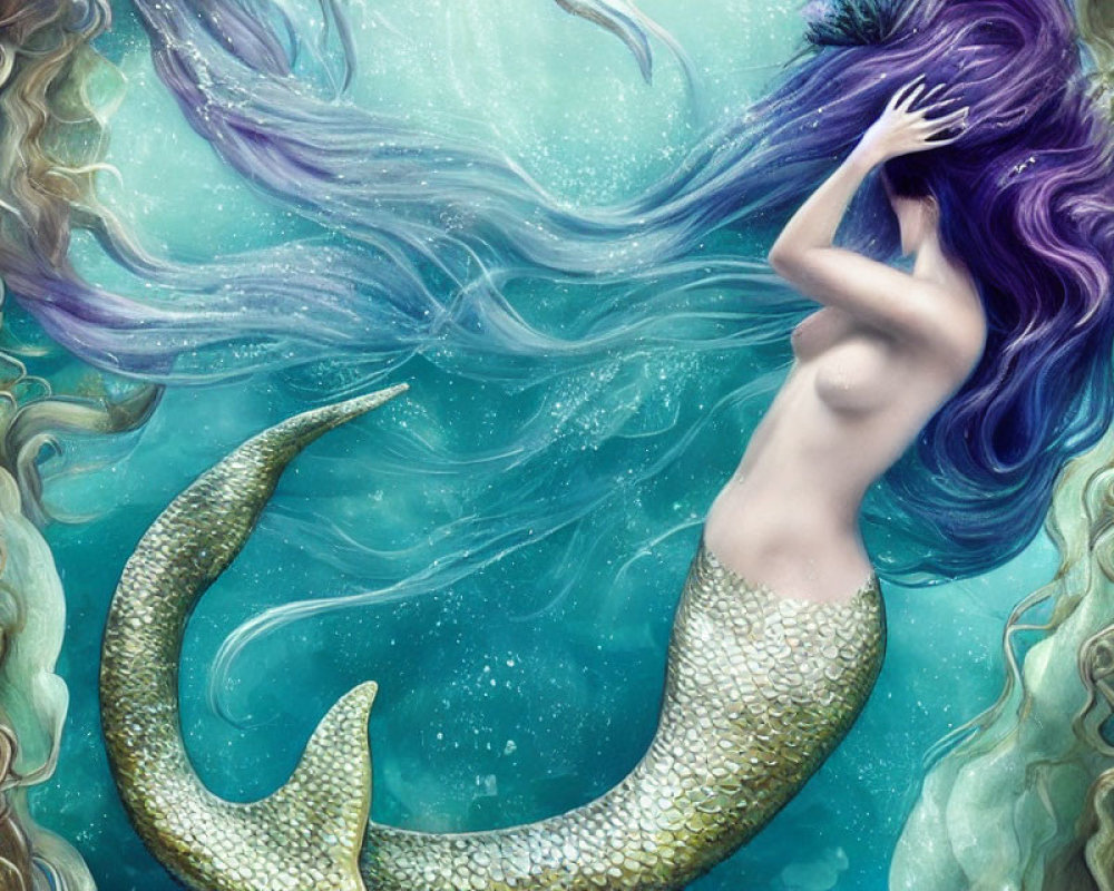 Mermaid with Green Tail and Purple Hair Submerged in Water