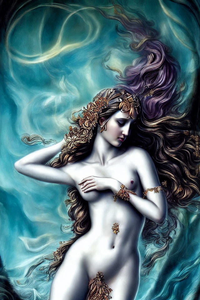 Mythical siren illustration with ornate headgear and jewelry