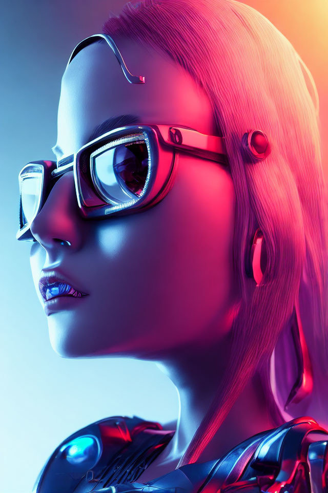 Futuristic female robot with pink hair and glasses on gradient background