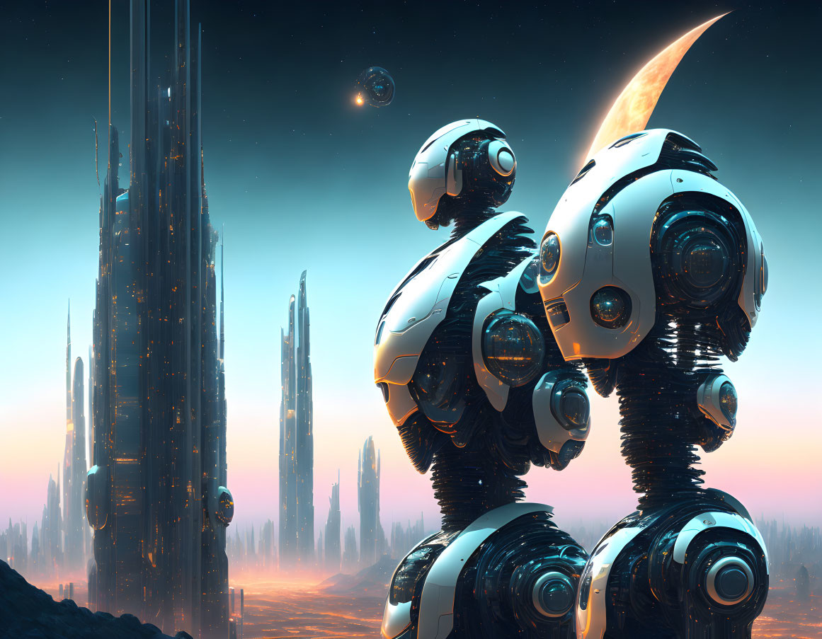 Futuristic cityscape with two robots observing distant comet