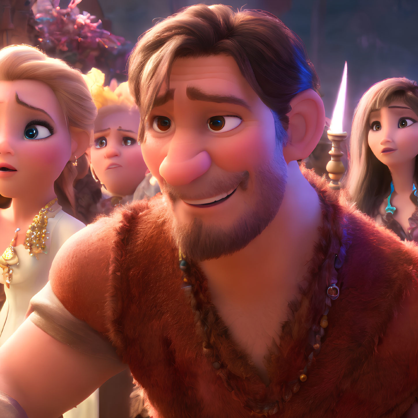 Diverse animated characters displaying awe and concern, featuring a smiling man with brown hair.