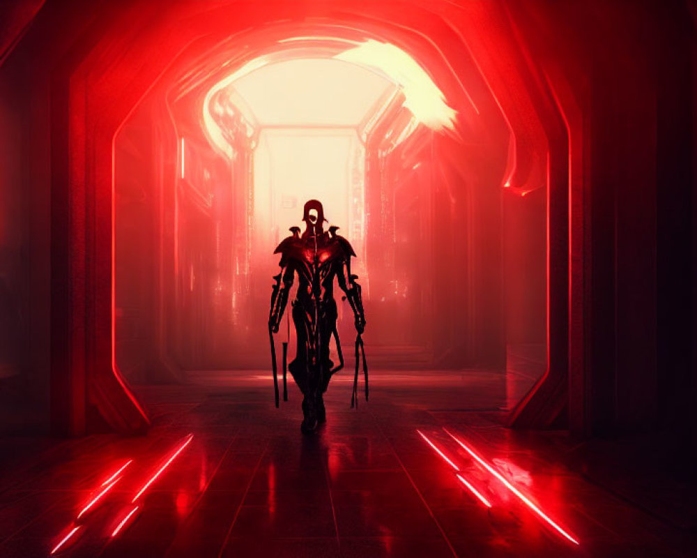 Silhouetted figure in red-lit sci-fi corridor with glowing lines