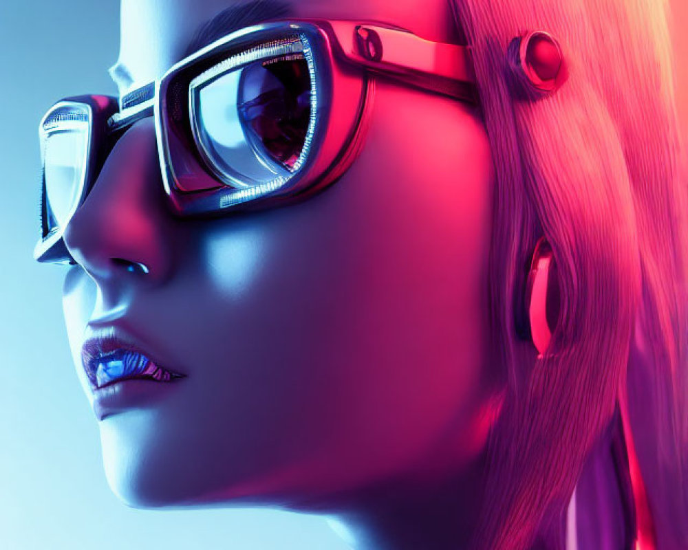 Futuristic female robot with pink hair and glasses on gradient background