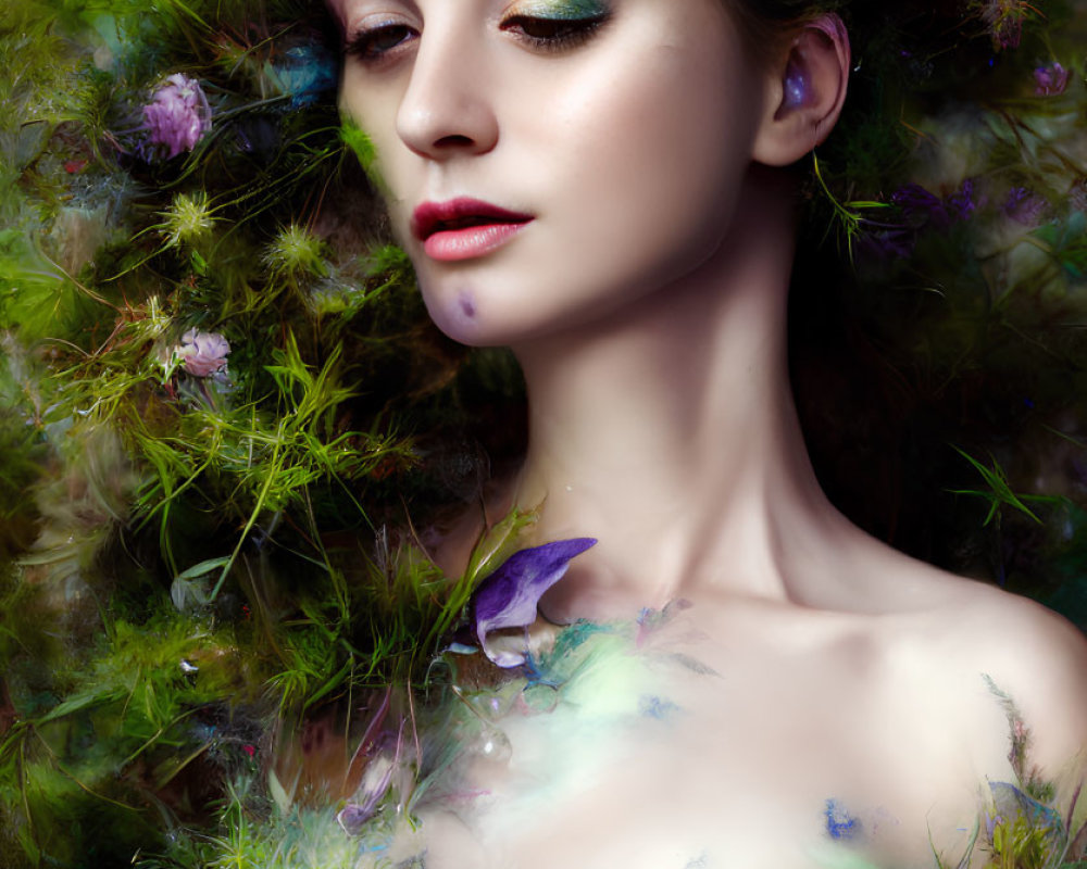 Ethereal floral elements frame woman with colorful makeup in artistic portrait