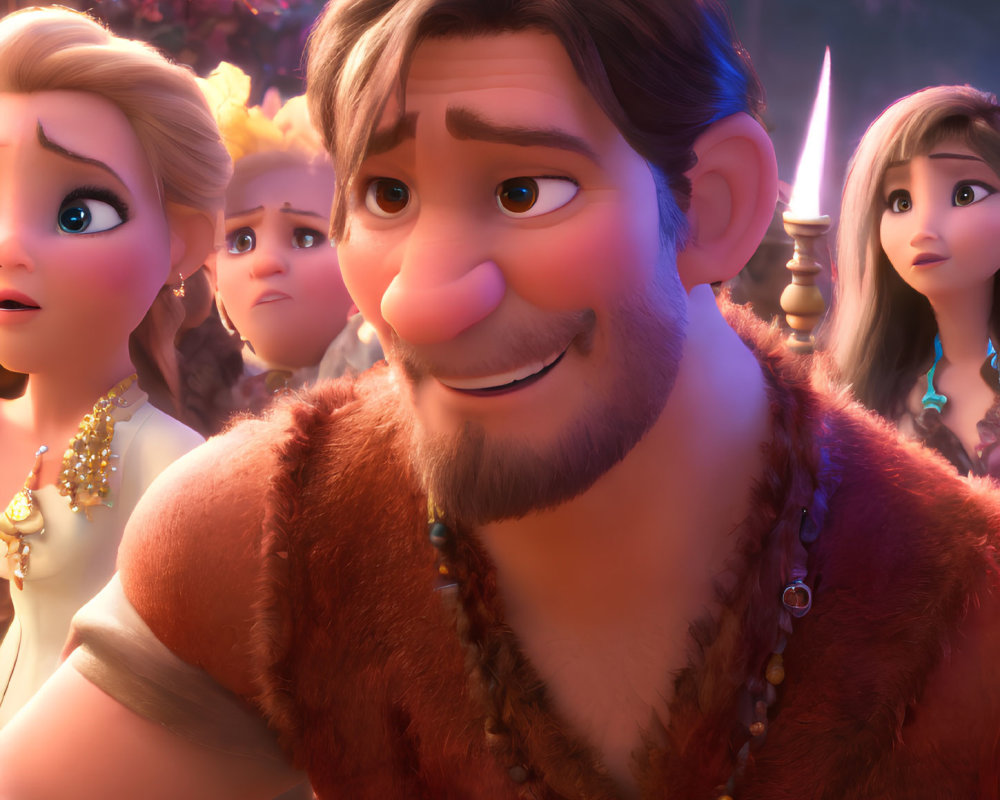 Diverse animated characters displaying awe and concern, featuring a smiling man with brown hair.