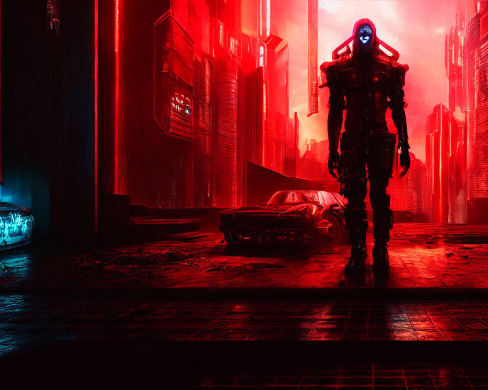 Futuristic armored figure in neon-lit dystopian cityscape