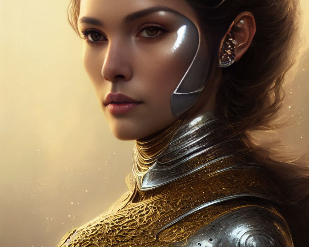 Close-up of woman in metallic armor with futuristic earpiece and golden details on soft glowing background