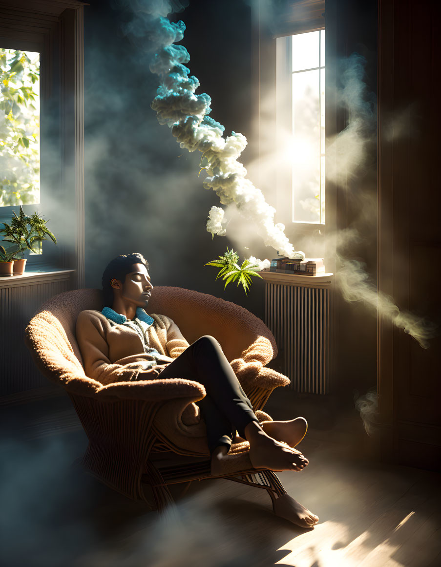 Person reclining in wicker chair with sunlight and smoke indoors