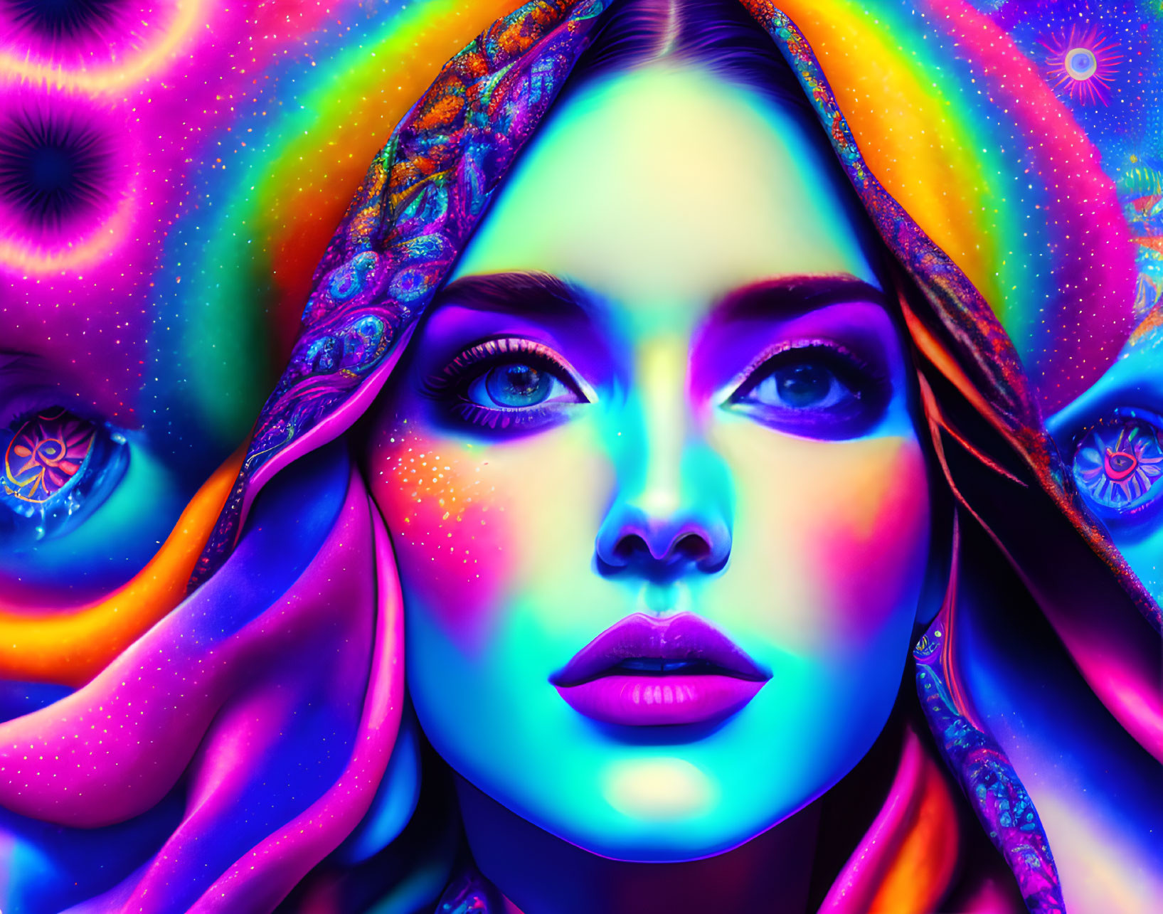 Colorful digital portrait of a woman with radiant skin and psychedelic patterns