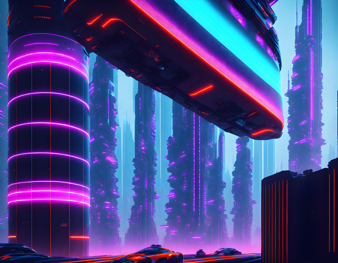Neon-lit futuristic cityscape with towering skyscrapers at night