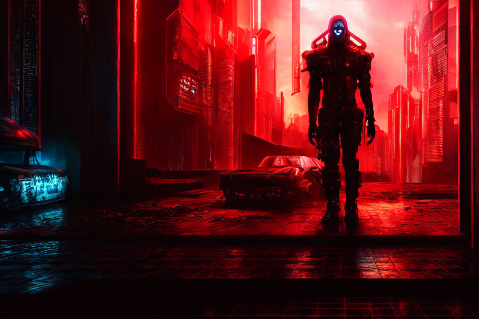 Futuristic armored figure in neon-lit dystopian cityscape