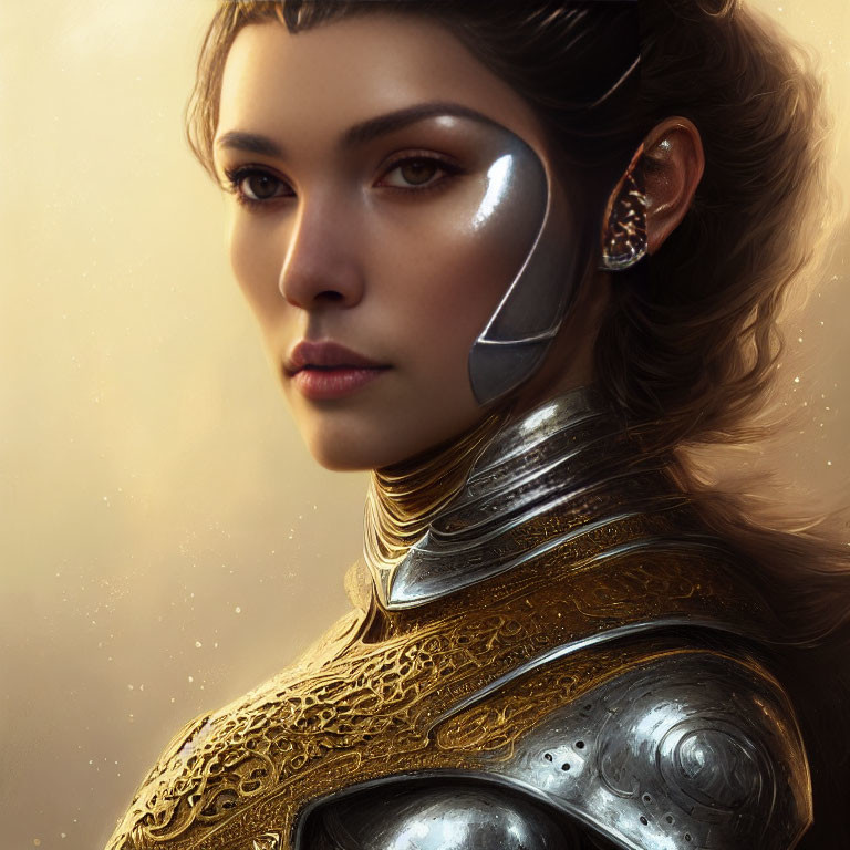 Close-up of woman in metallic armor with futuristic earpiece and golden details on soft glowing background