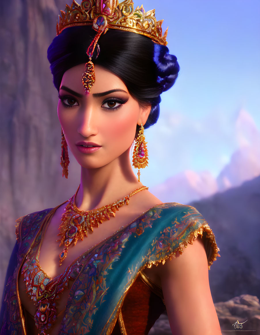 Princess 3D Rendering in Traditional Dress with Golden Tiara