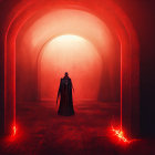 Silhouetted figure in red-lit sci-fi corridor with glowing lines