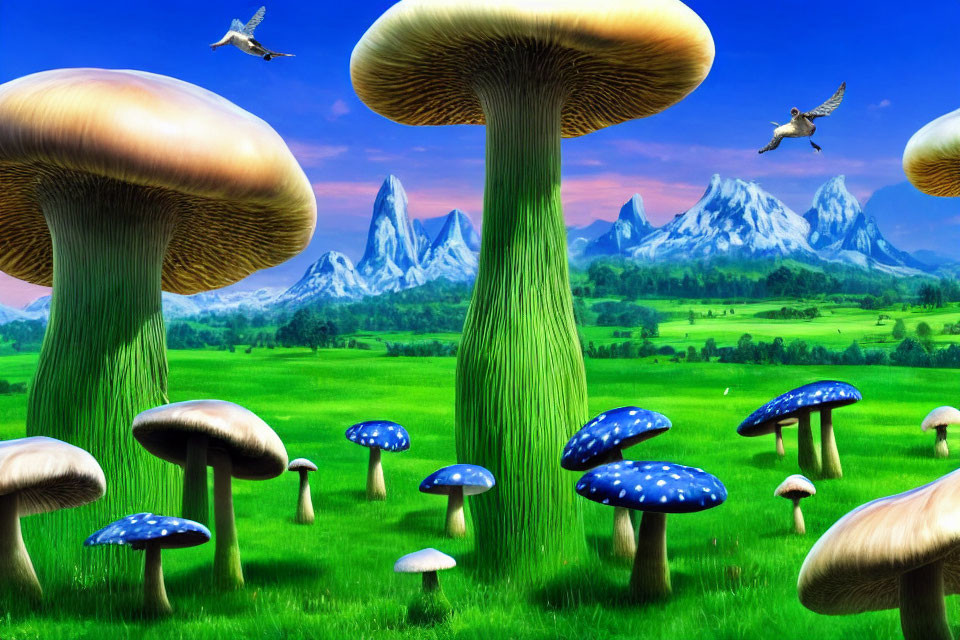 Fantastical landscape with oversized mushrooms, rolling hills, birds, and mountains.