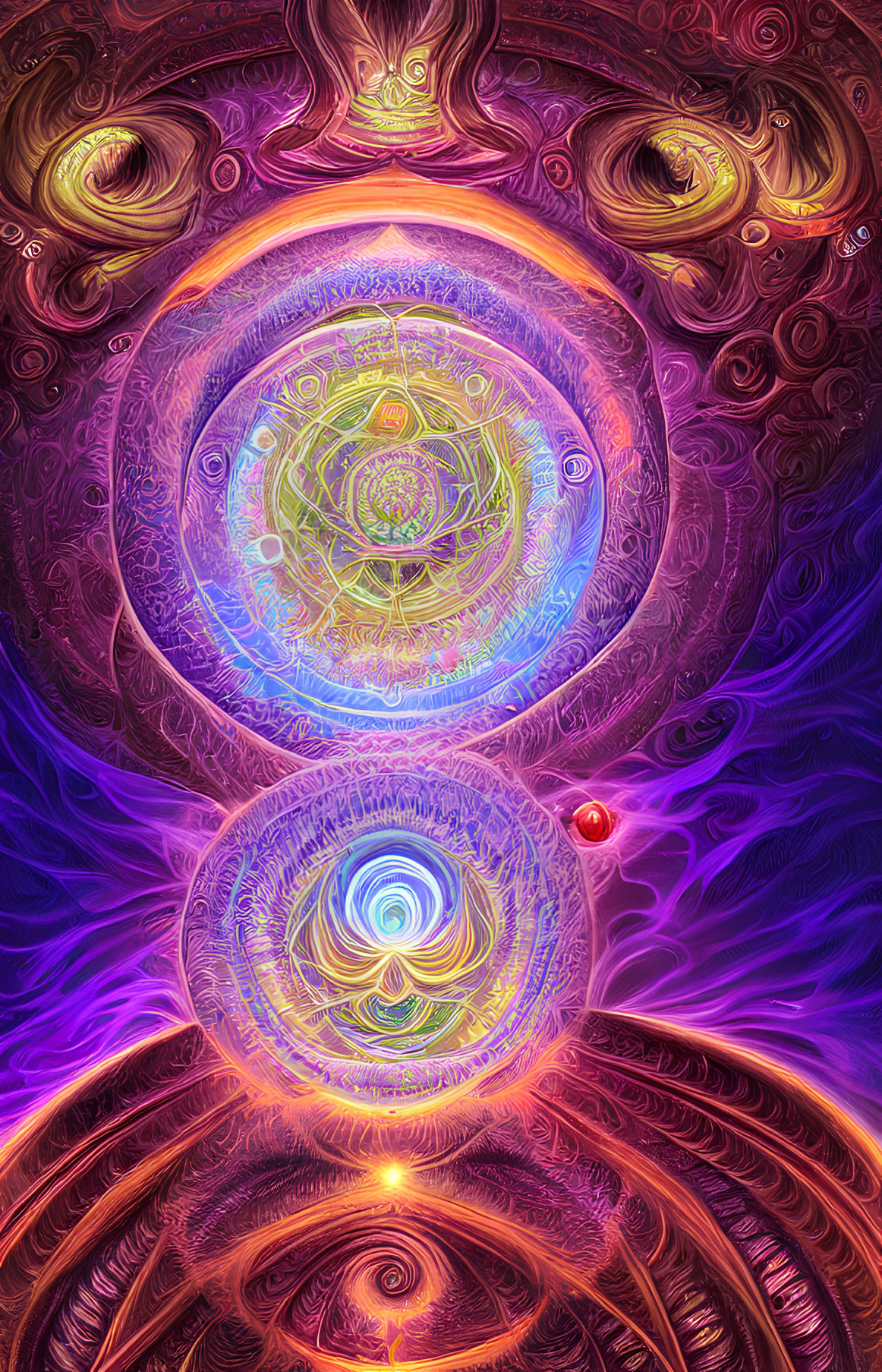 Colorful Psychedelic Artwork: Spirals and Mandala Patterns in Purple, Blue, and