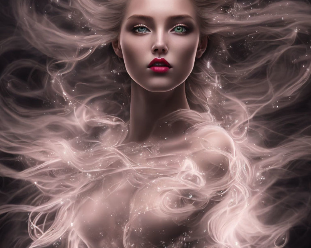 Digital artwork of luminous woman with flowing hair in ethereal setting