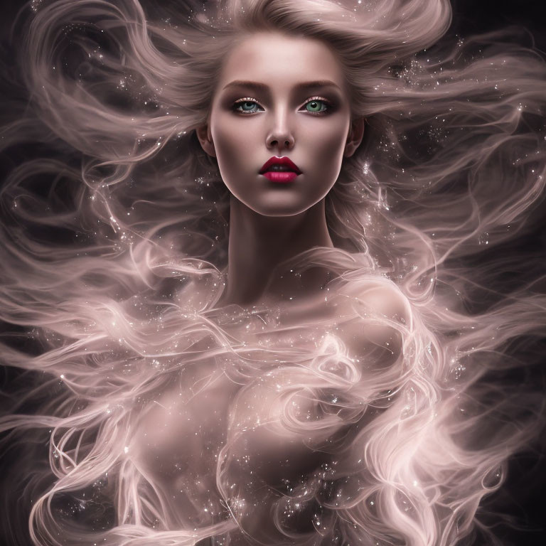 Digital artwork of luminous woman with flowing hair in ethereal setting