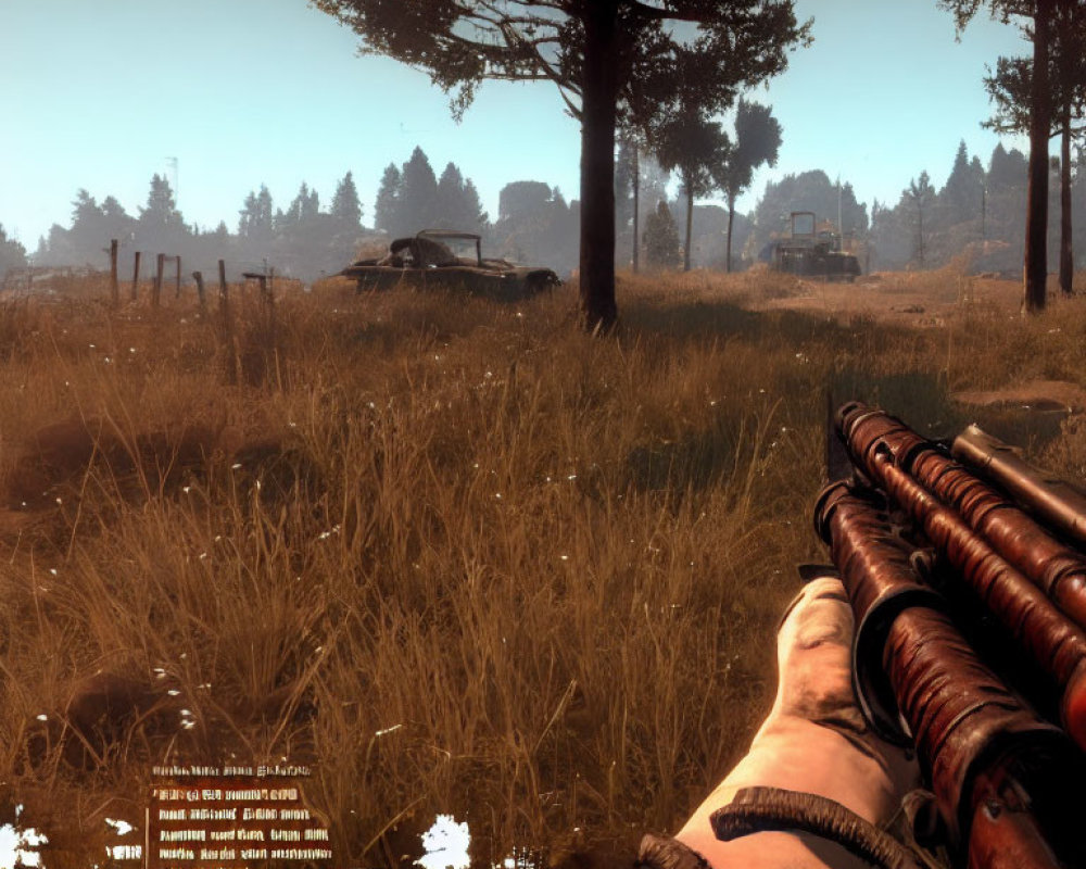 Person holding shotgun in rustic field with trees and abandoned car