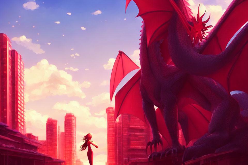 Person faces red dragon in sunset-lit cityscape