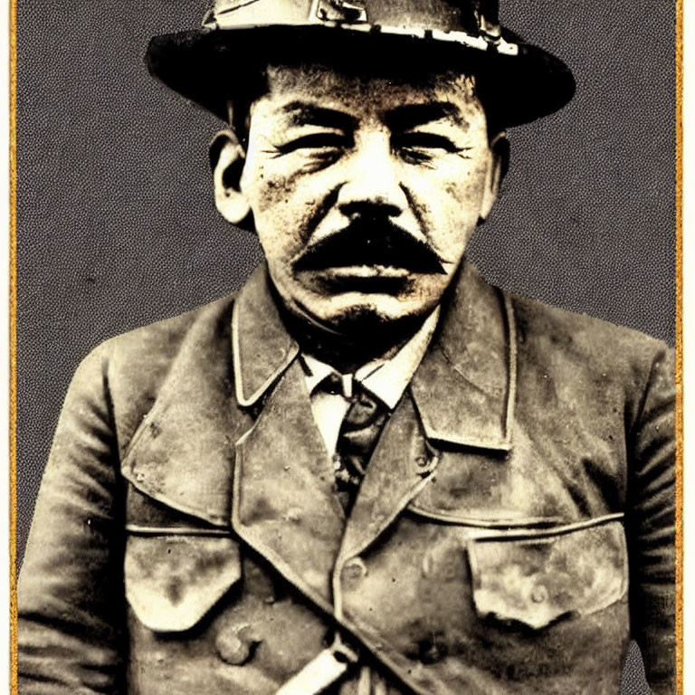 Sepia-Toned Vintage Photo: Man with Mustache, Hat, and Jacket