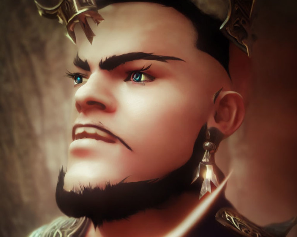 Stylized portrait of male figure with blue eyes and unique horns.