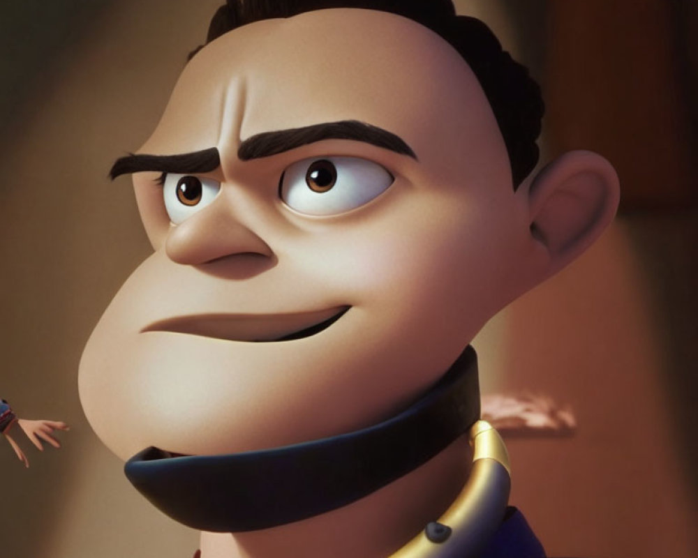 Male animated character: thick eyebrows, dark hair, confident expression, futuristic collar.