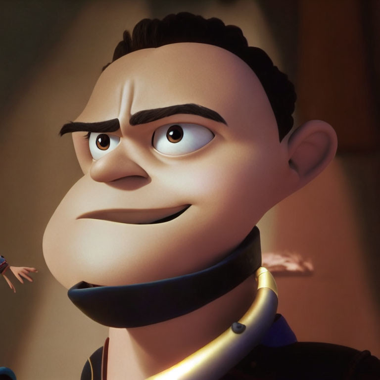 Male animated character: thick eyebrows, dark hair, confident expression, futuristic collar.