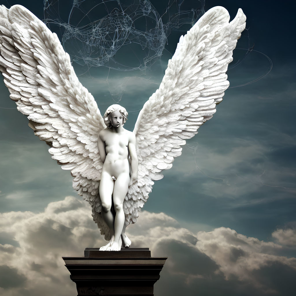 Detailed angel statue with large wings on pedestal under cloudy sky