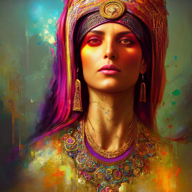 Colorful Turban Portrait: Woman with Intense Gaze & Ornate Jewelry