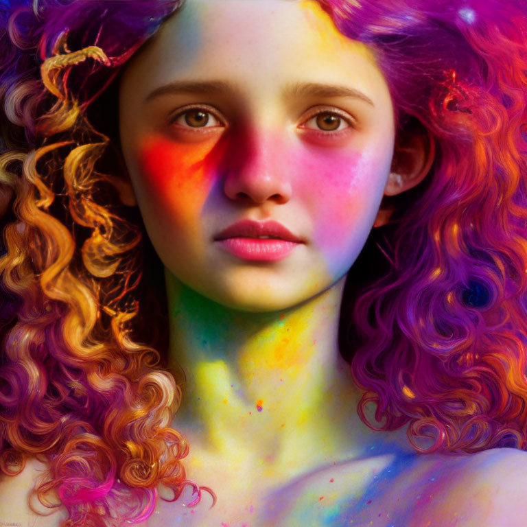 Vibrant purple and pink hair on young girl with colorful splashes