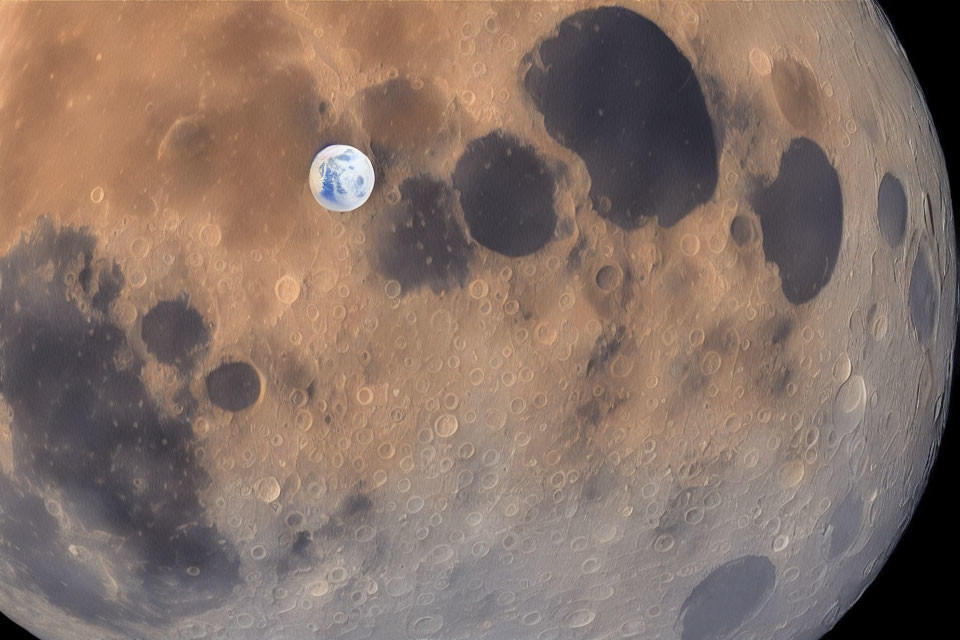 Earth rising over moon's cratered surface: dusty lunar ground contrasts with Earth's blue and white.