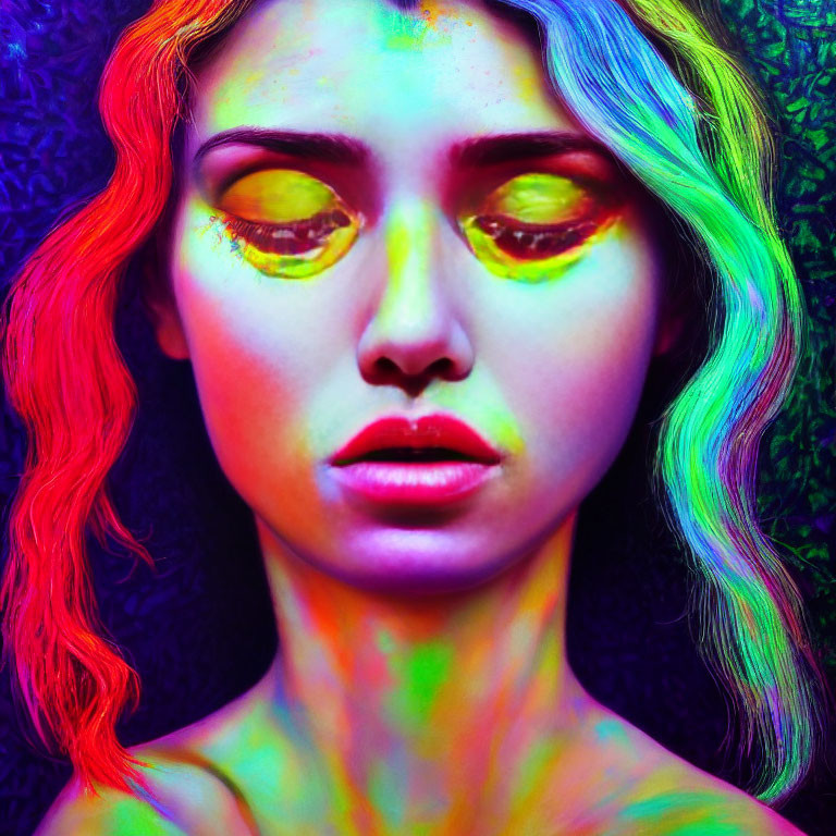 Neon rainbow colors portrait of a woman on dark background