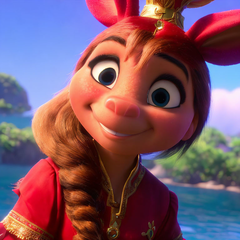 Smiling female character with expressive eyes in red and gold outfit against tropical backdrop