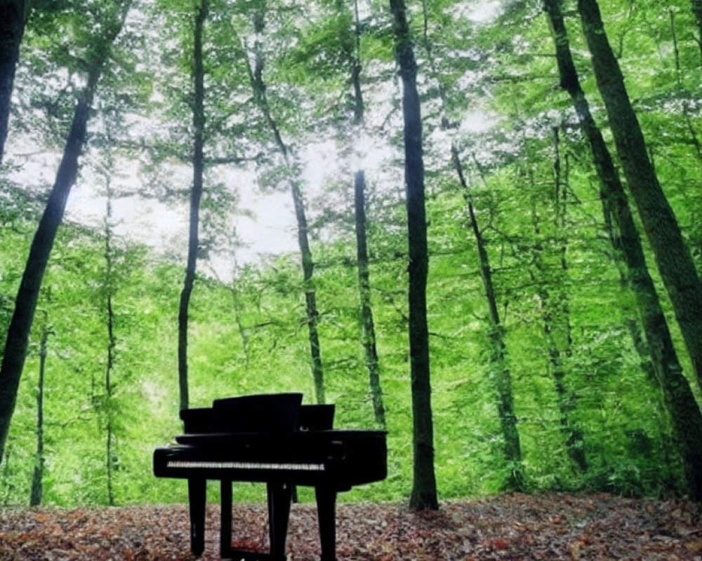 Tranquil Forest Scene with Black Grand Piano amid Trees