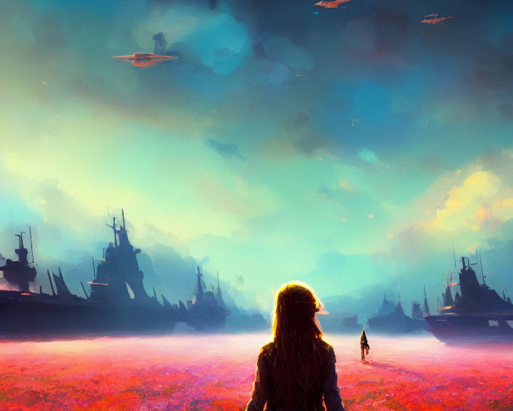 Person in vibrant flower field observing figure with ships in sky