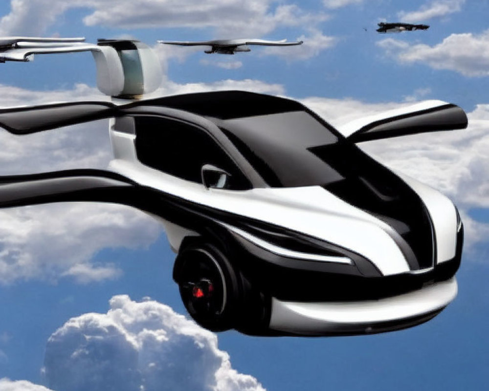 Futuristic flying car with propellers and drones in blue sky