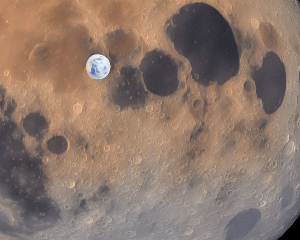 Earth rising over moon's cratered surface: dusty lunar ground contrasts with Earth's blue and white.