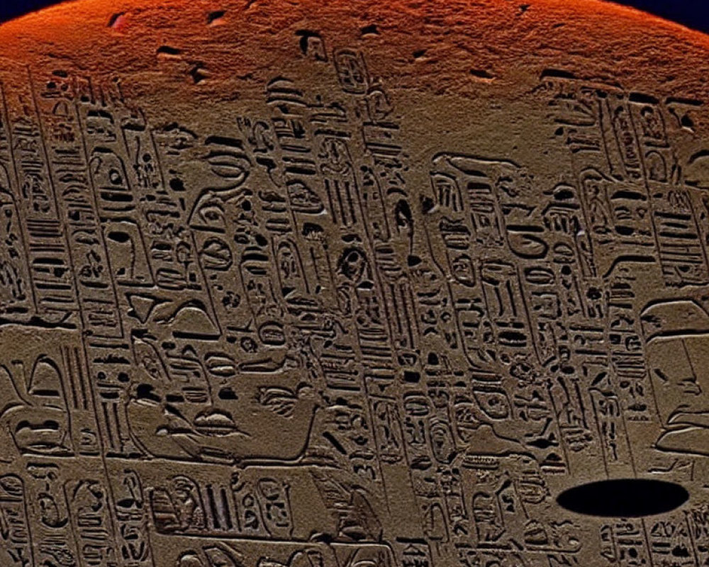 Ancient Egyptian hieroglyphic engraving with partial view of orange-toned round object