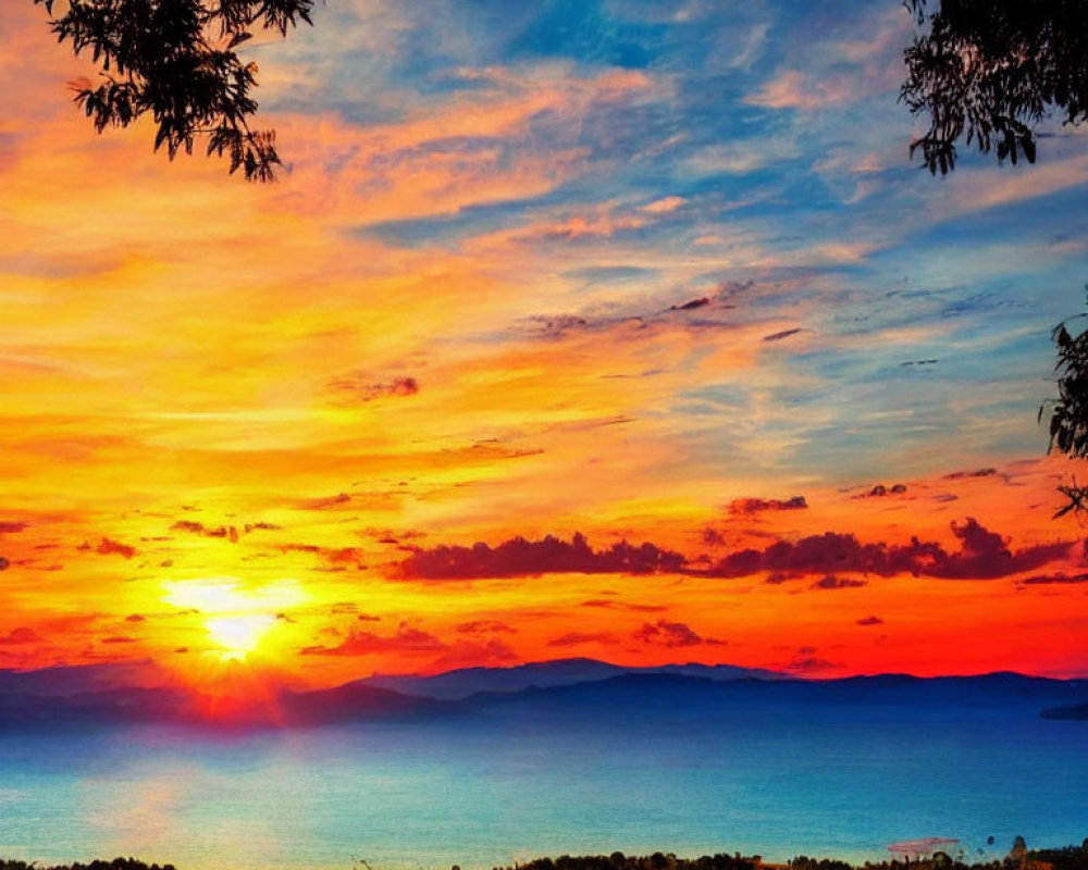 Colorful sunset over calm sea with tree silhouettes and distant mountains