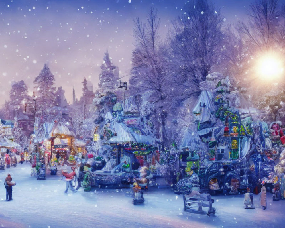 Vibrant winter scene at snow-covered Christmas market